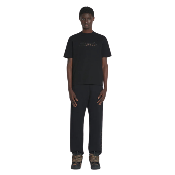 T-shirt col rond LANVIN coton noir broderie logo denim beige dégradé