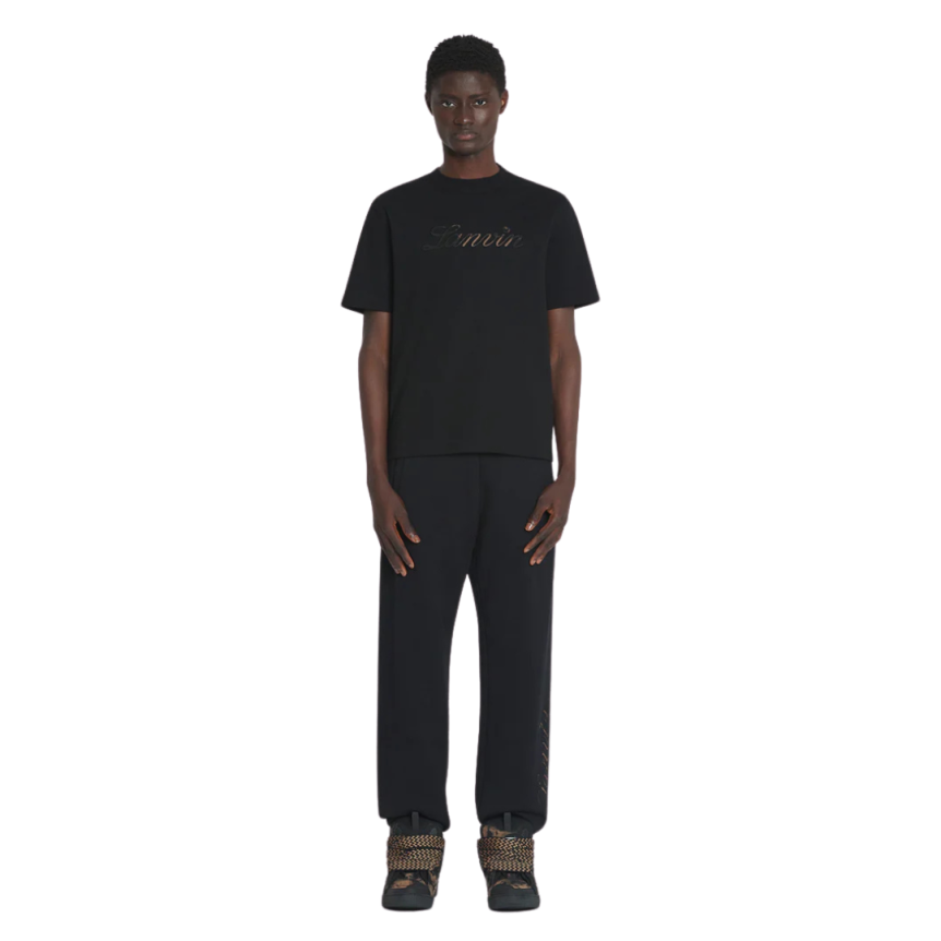 T-shirt col rond LANVIN coton noir broderie logo denim beige dégradé