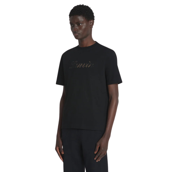 T-shirt col rond LANVIN coton noir broderie logo denim beige dégradé