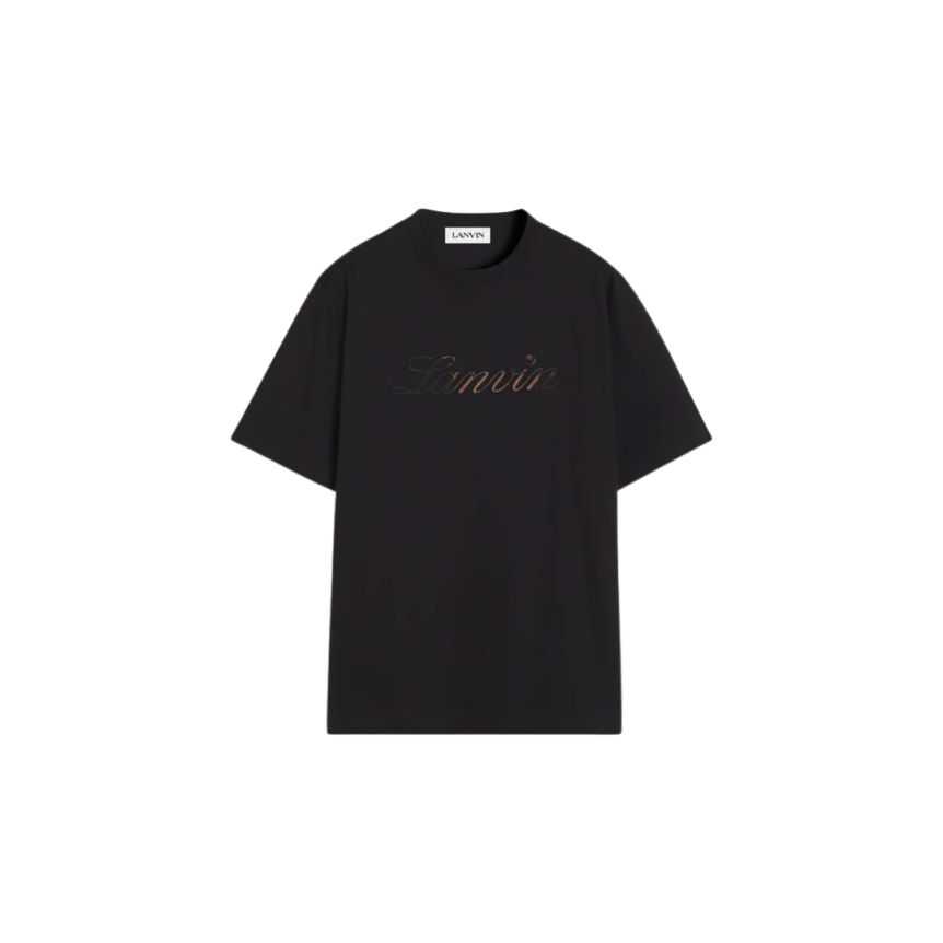 T-shirt col rond LANVIN coton noir broderie logo denim beige dégradé
