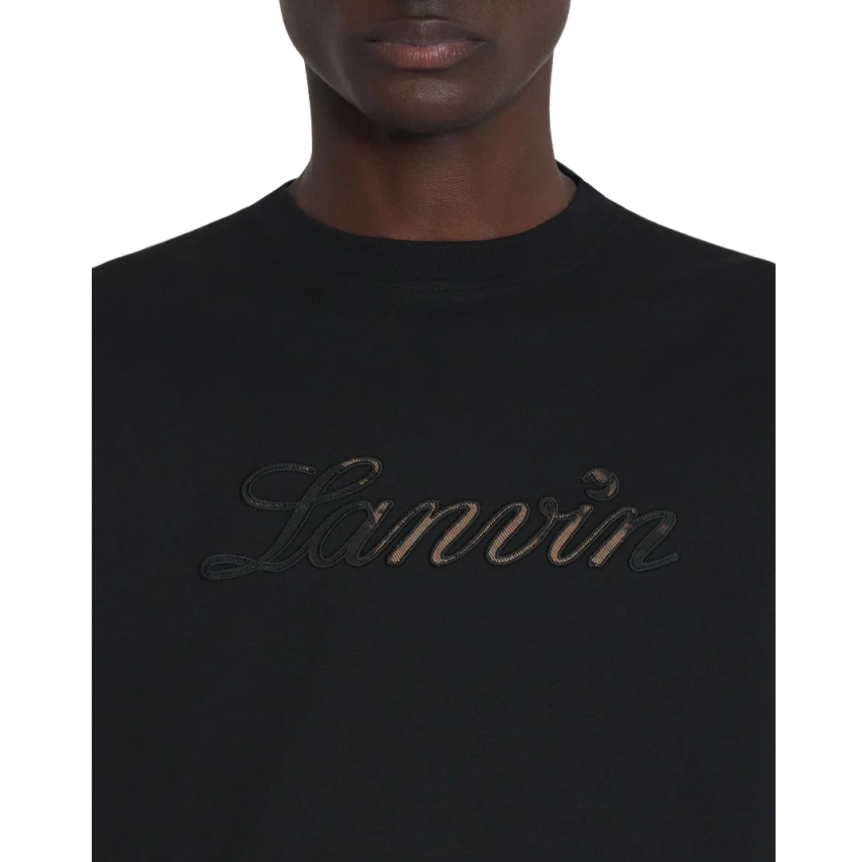 T-shirt col rond LANVIN coton noir broderie logo denim beige dégradé