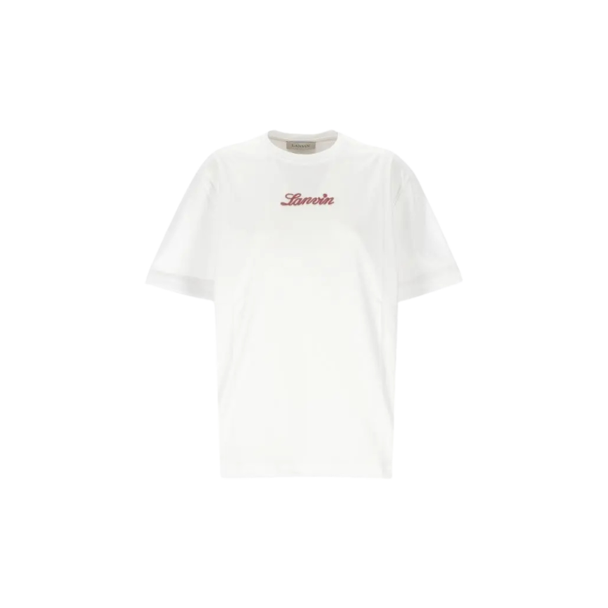 T-shirt col rond LANVIN coton blanc broderie logo rouge