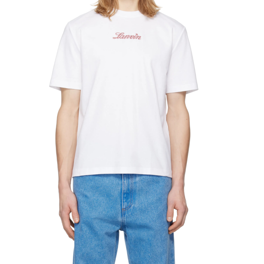 T-shirt col rond LANVIN coton blanc broderie logo rouge