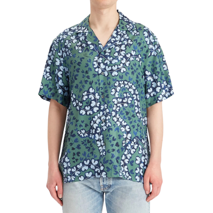 Chemise manche courte LANVIN soie vert bleu fleurs bleu ciel