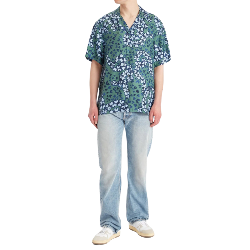 Chemise manche courte LANVIN soie vert bleu fleurs bleu ciel
