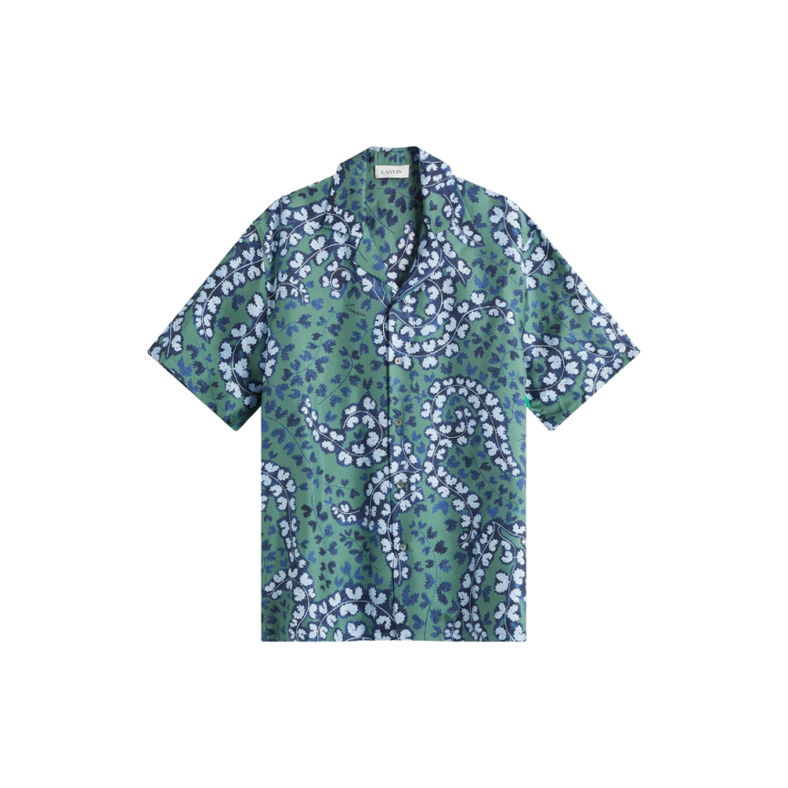 Chemise manche courte LANVIN soie vert bleu fleurs bleu ciel