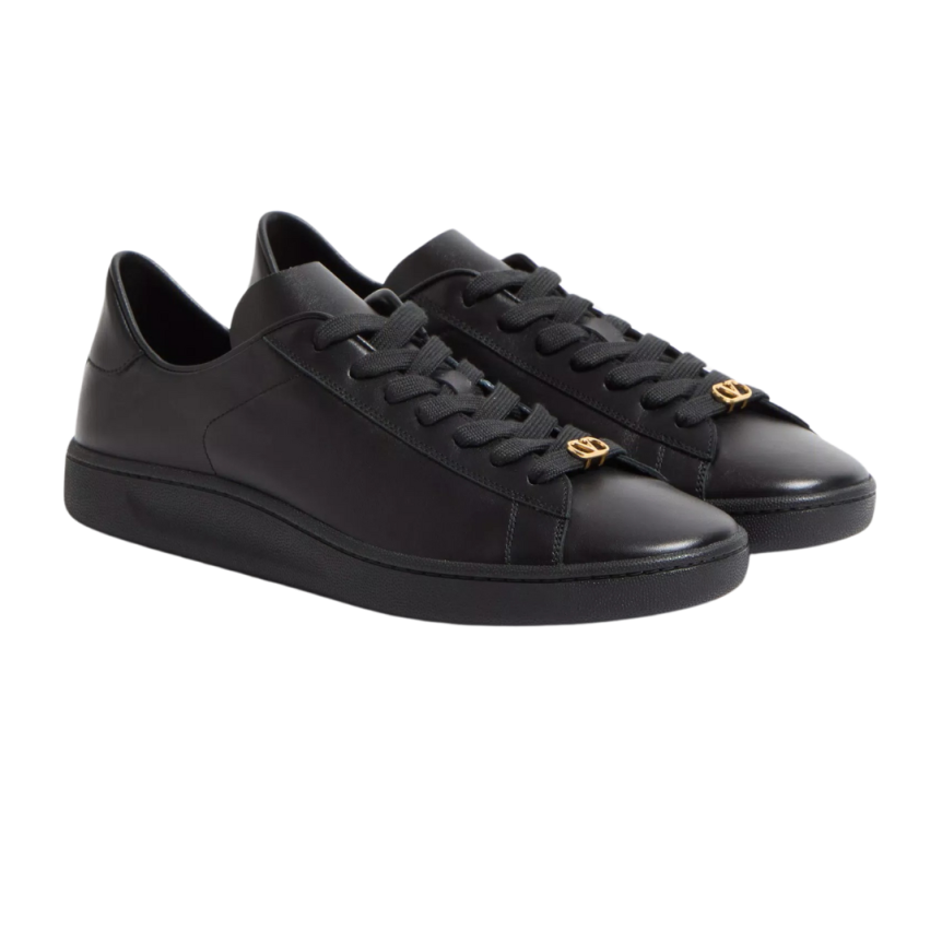 Baskets basses VALENTINO Royco cuir veau nappa noir V logo signature doré