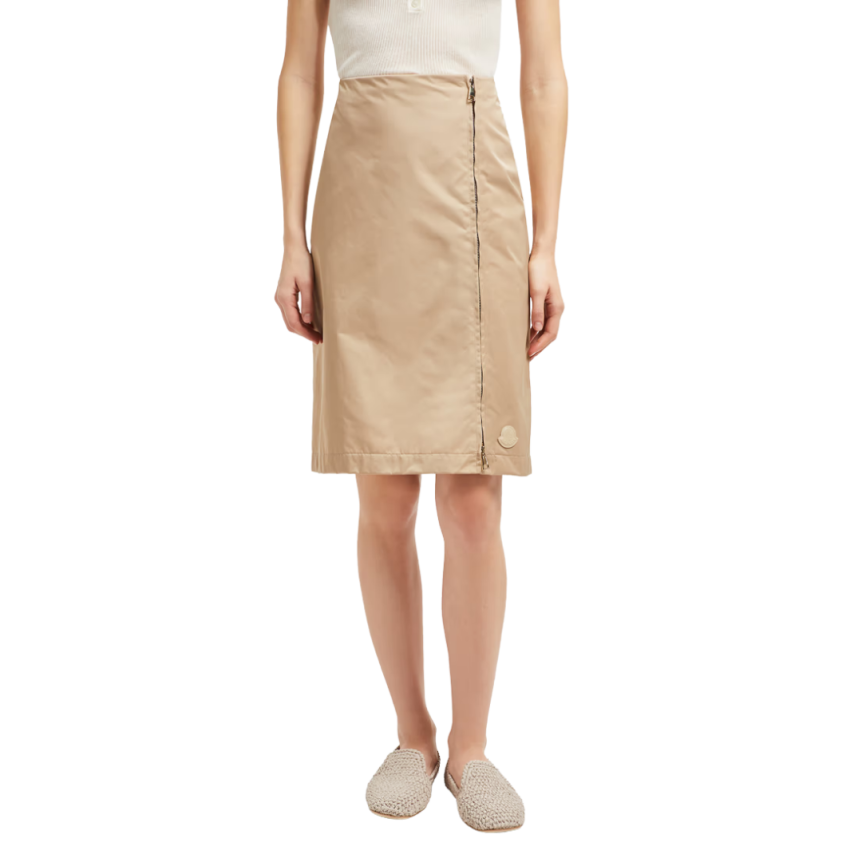 Jupe aux genoux MONCLER gabardine nylon beige zip coté