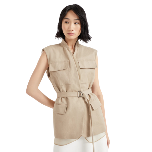 Saharienne sans manche BRUNELLO CUCINELLI coton lin beige poches plaquées Monili