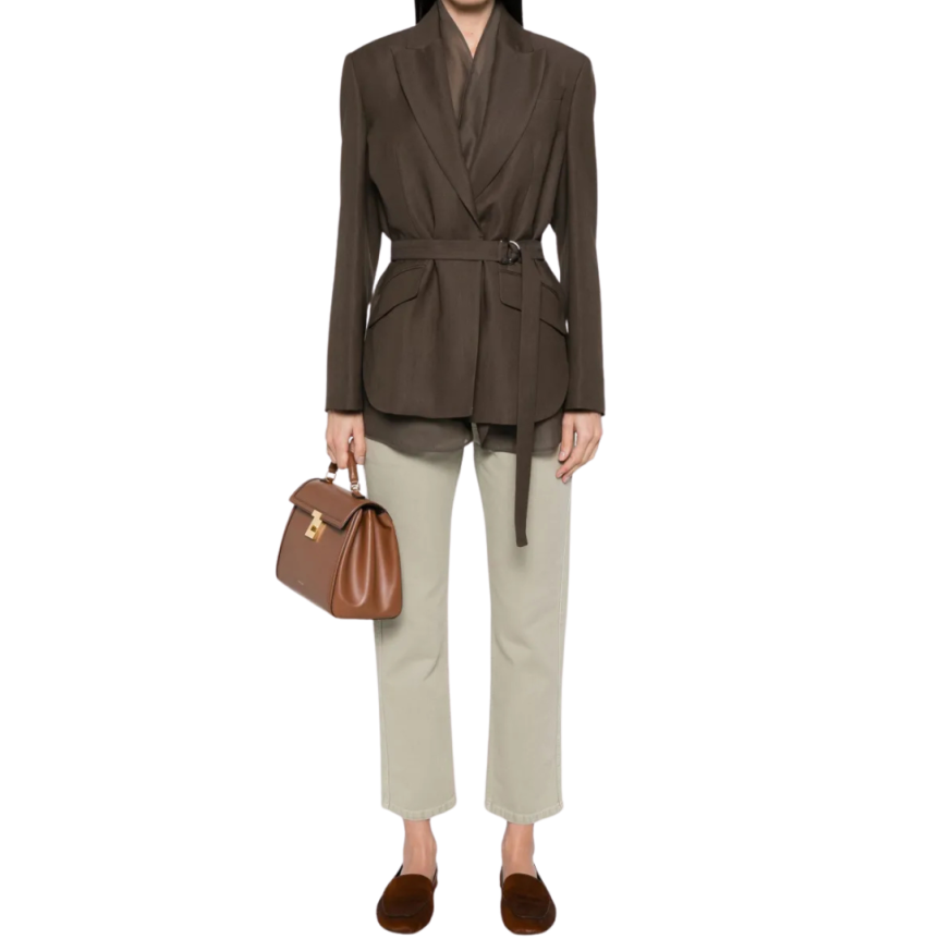 Blazer court BRUNELLO CUCINELLI ceinture viscose lin marron organza