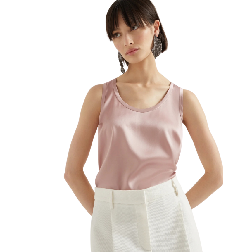 Haut débardeur BRUNELLO CUCINELLI réversible satin soie extensible rose poudre