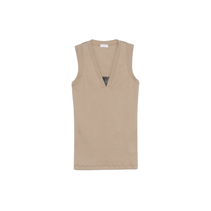 BRUNELLO CUCINELLI Débardeur col V perles métal Monili jersey coton côtelé taupe