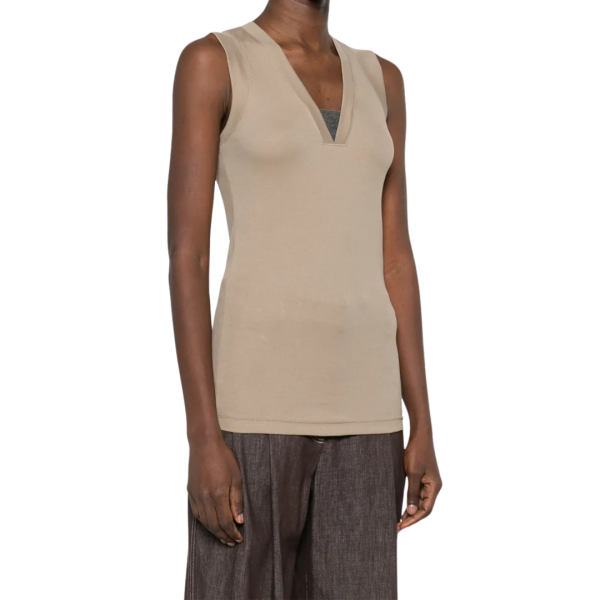 BRUNELLO CUCINELLI Débardeur col V perles métal Monili jersey coton côtelé taupe