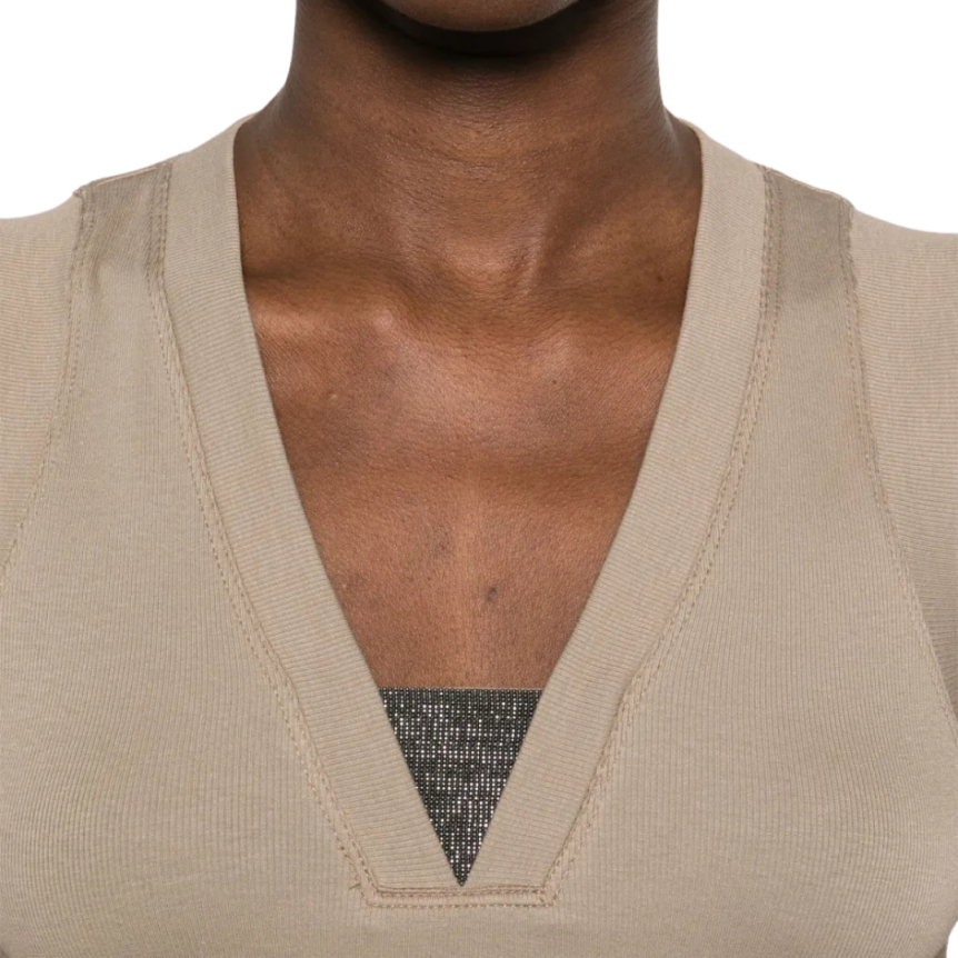 BRUNELLO CUCINELLI Débardeur col V perles métal Monili jersey coton côtelé taupe