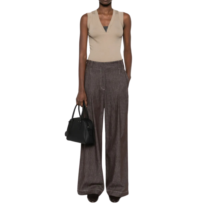 BRUNELLO CUCINELLI Débardeur col V perles métal Monili jersey coton côtelé taupe