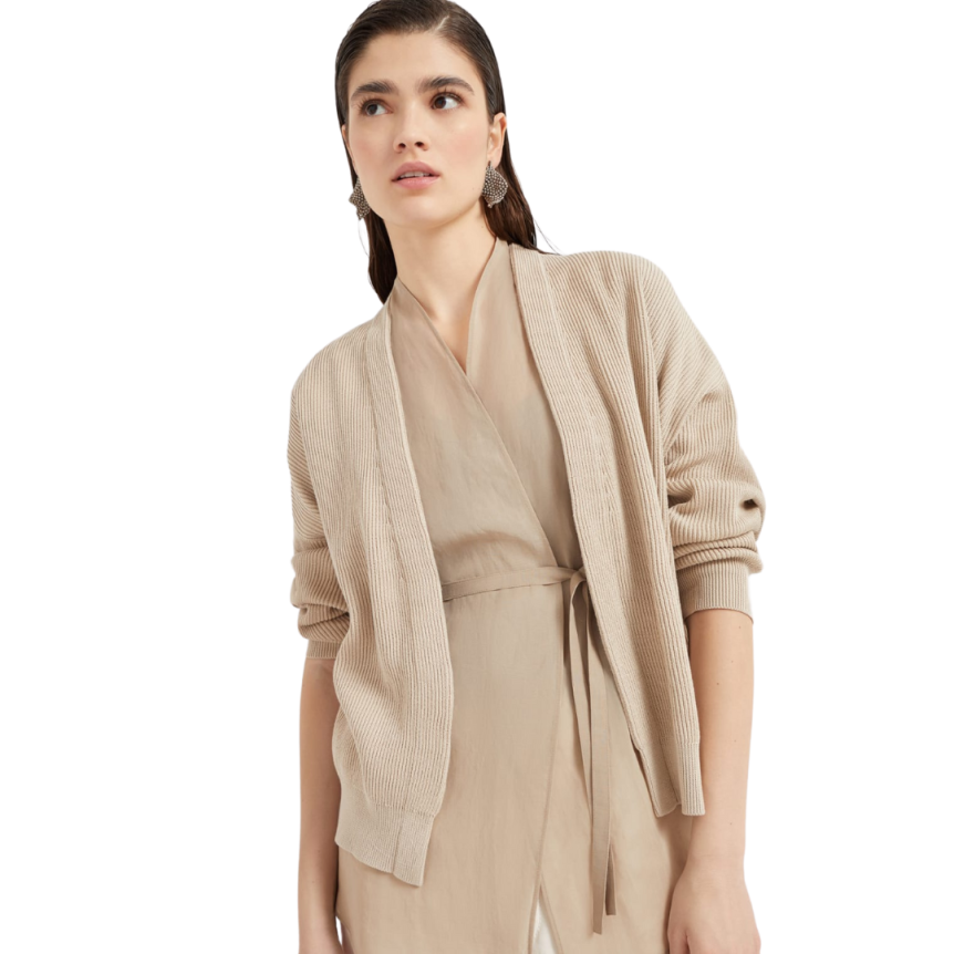 Cardigan superposition BRUNELLO CUCINELLI maille côte anglaise organza coton beige Monile