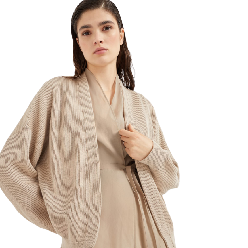Cardigan superposition BRUNELLO CUCINELLI maille côte anglaise organza coton beige Monile