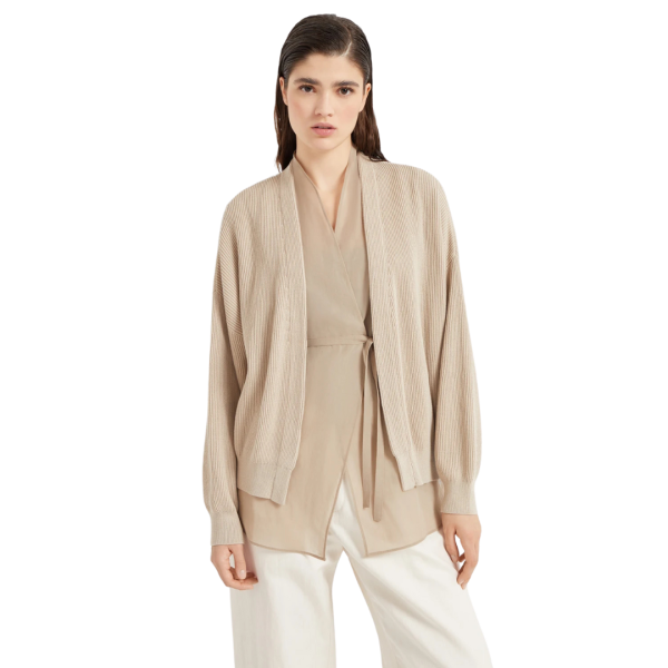 Cardigan superposition BRUNELLO CUCINELLI maille côte anglaise organza coton beige Monile