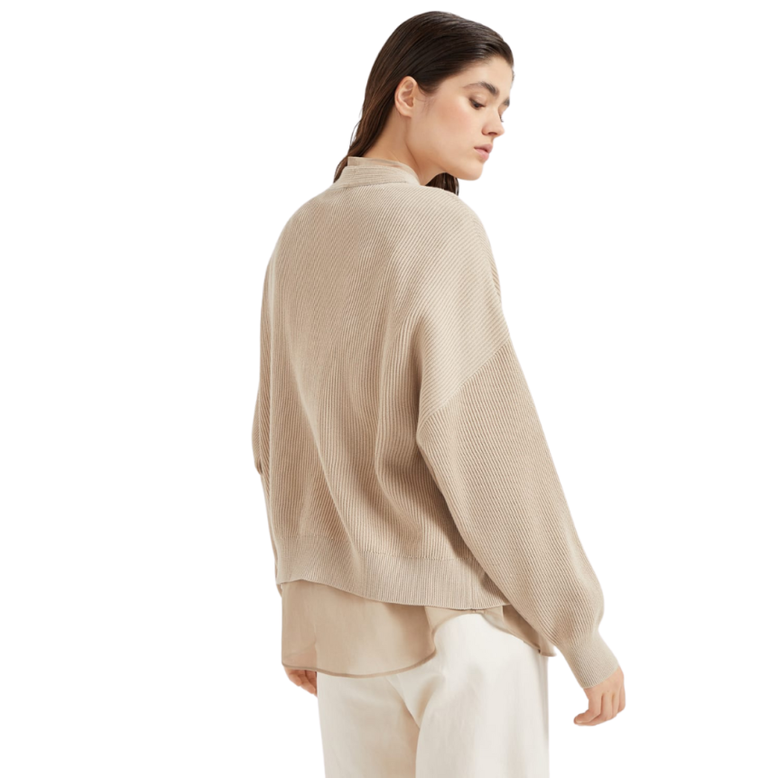 Cardigan superposition BRUNELLO CUCINELLI maille côte anglaise organza coton beige Monile