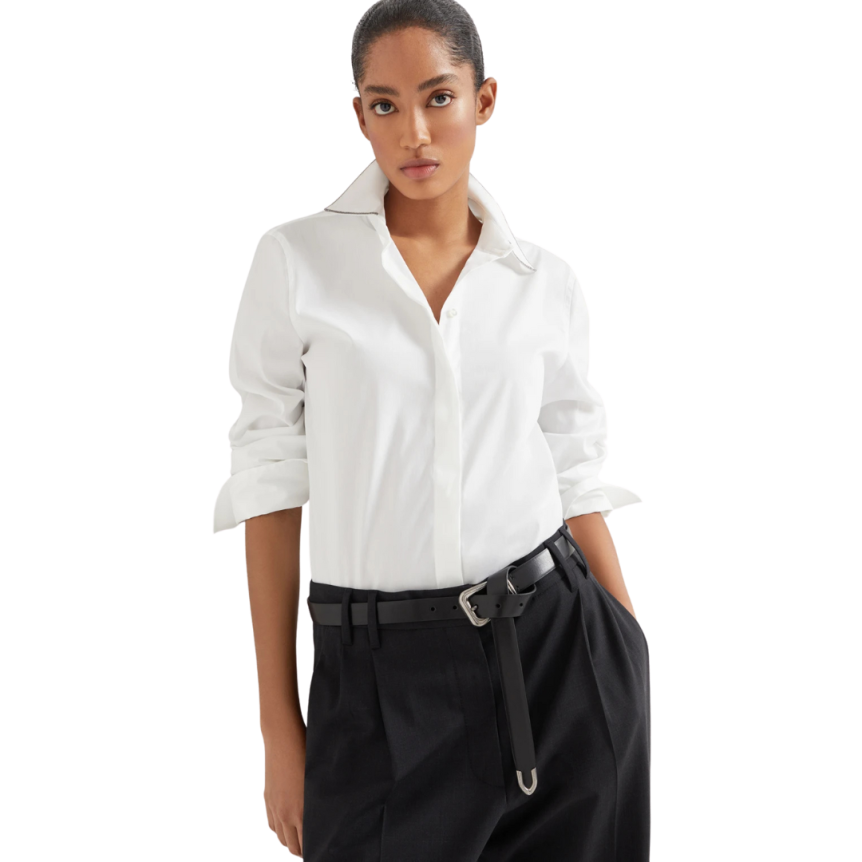 Chemise BRUNELLO CUCINELLI popeline de coton extensible blanc col brillant Monilli