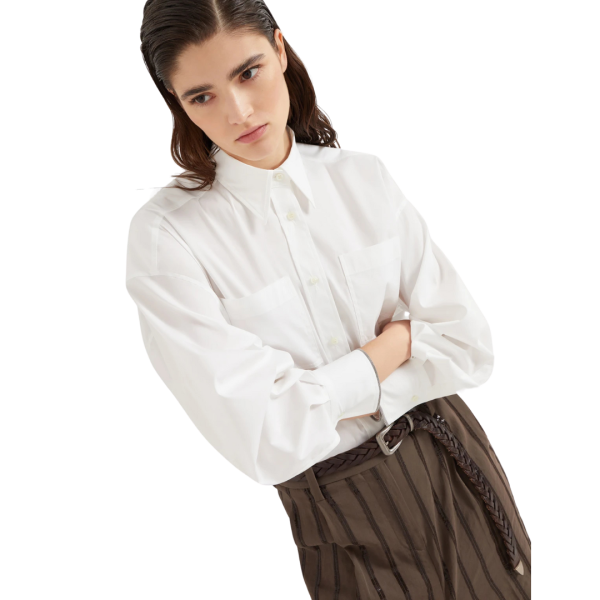 Chemise BRUNELLO CUCINELLI popeline de coton extensible blanc poignets brillants Monilli