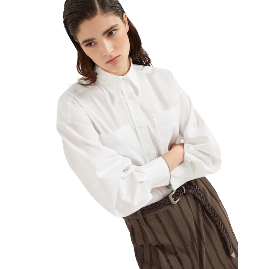 Chemise BRUNELLO CUCINELLI popeline de coton extensible blanc poignets brillants Monilli