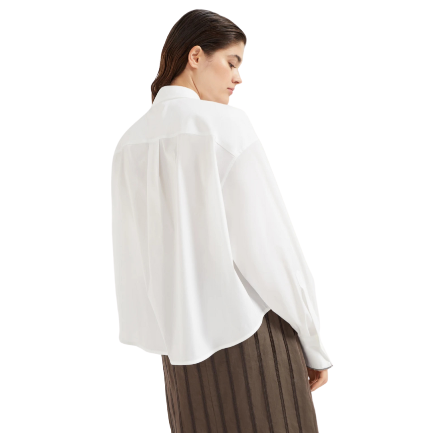 Chemise BRUNELLO CUCINELLI popeline de coton extensible blanc poignets brillants Monilli