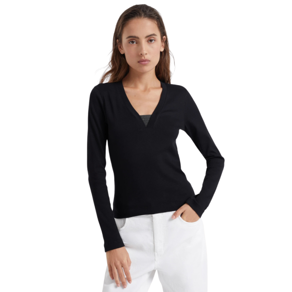 BRUNELLO CUCINELLI Pull col V perles métal Monili jersey coton côtelé