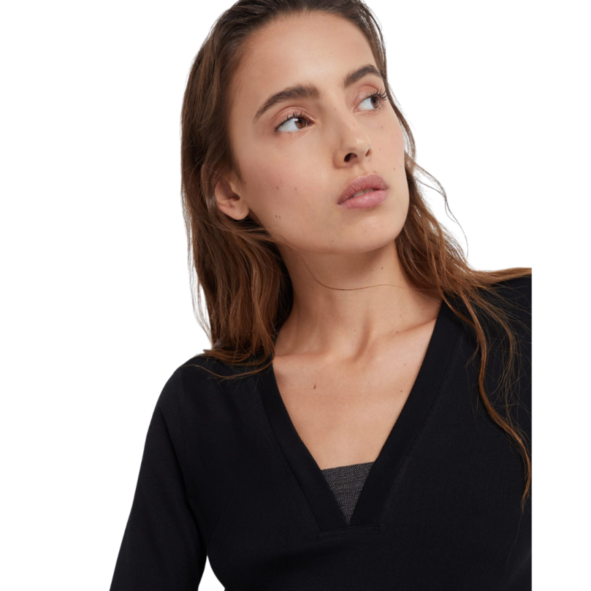 BRUNELLO CUCINELLI Pull col V perles métal Monili jersey coton côtelé