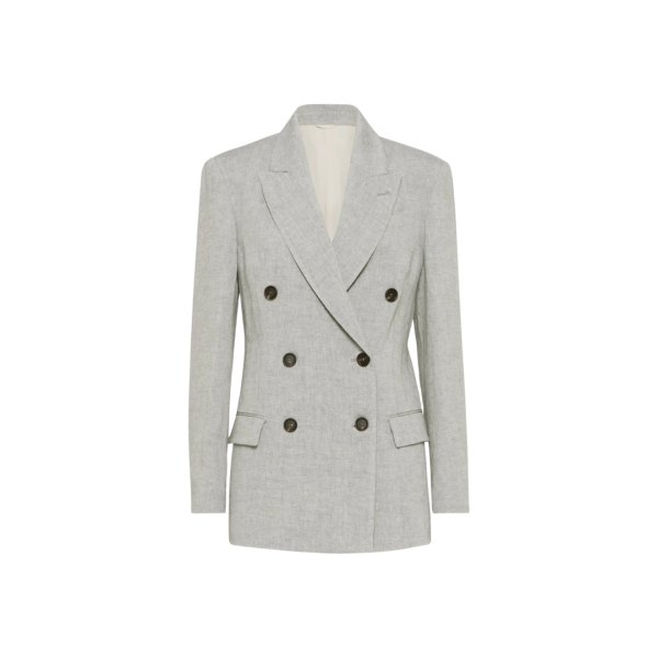 Veste blazer croisé BRUNELLO CUCINELLI toile brillante lin gris Monili col