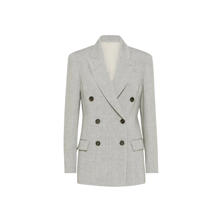 Veste blazer croisé BRUNELLO CUCINELLI toile brillante lin gris Monili col