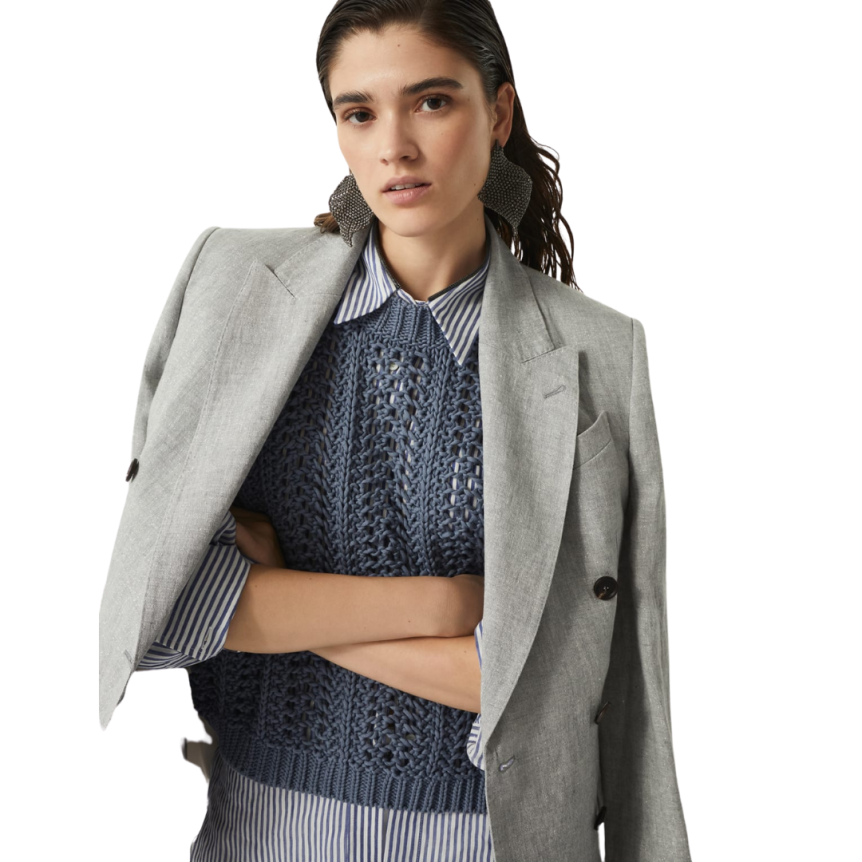 Veste blazer croisé BRUNELLO CUCINELLI toile brillante lin gris Monili col