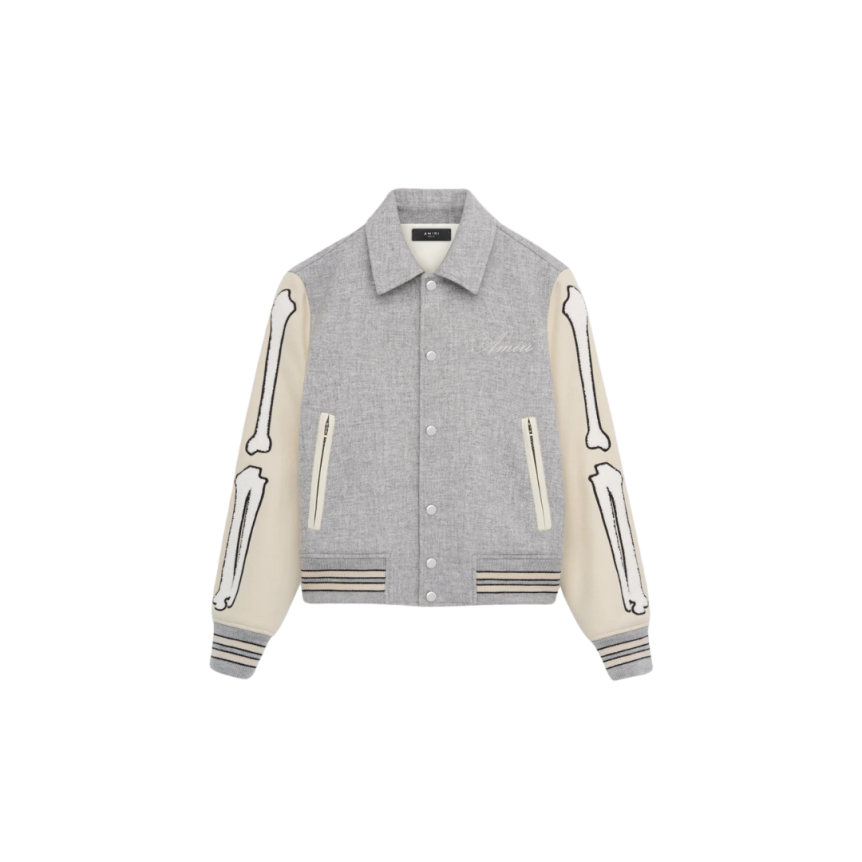 Blouson AMIRI Teddy Bones pression flanelle grise manche beige