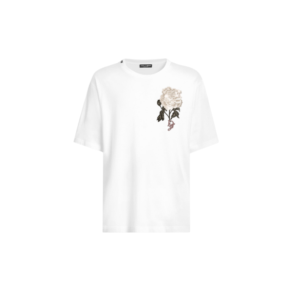 T-shirt DOLCE & GABBANA jersey de coton blanc patch broderie fleurs