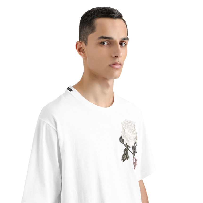 T-shirt DOLCE & GABBANA jersey de coton blanc patch broderie fleurs