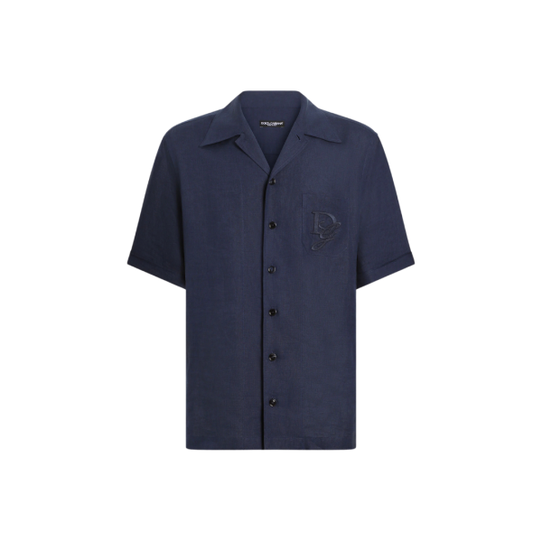 Chemise DOLCE & GABBANA manche courte lin bleu marine broderie logo DG poche