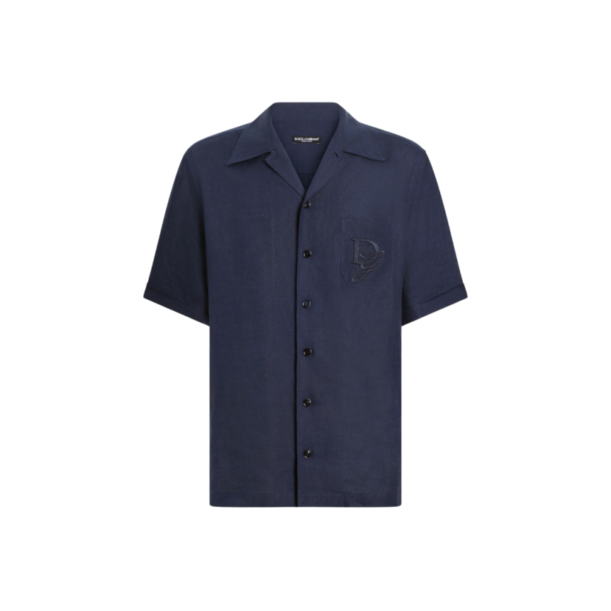 Chemise DOLCE & GABBANA manche courte lin bleu marine broderie logo DG poche