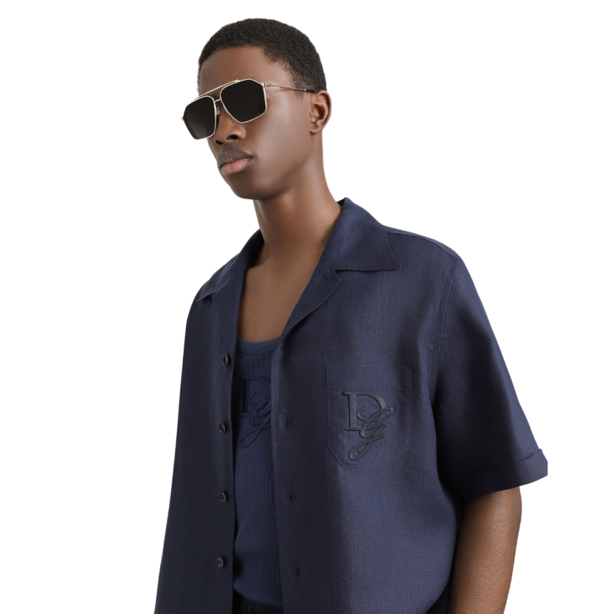 Chemise DOLCE & GABBANA manche courte lin bleu marine broderie logo DG poche