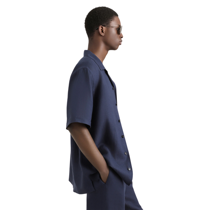 Chemise DOLCE & GABBANA manche courte lin bleu marine broderie logo DG poche