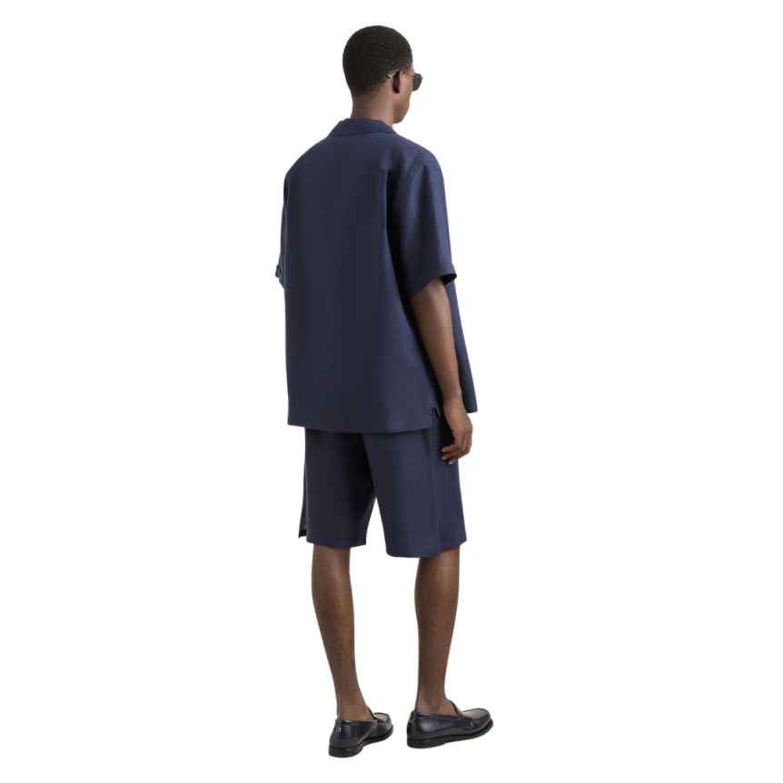 Chemise DOLCE & GABBANA manche courte lin bleu marine broderie logo DG poche