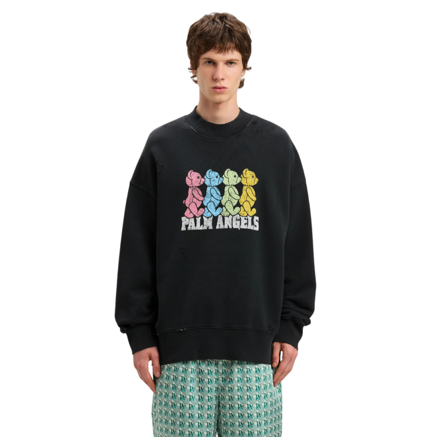 PALM ANGELS Sweat-shirt col rond Crossroads Bears coton noir oursons multicolores