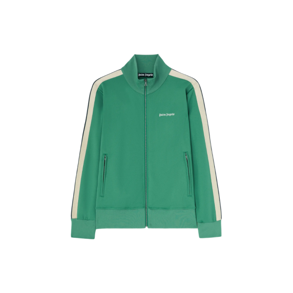 Veste de survêtement PALM ANGELS zippée col montant nylon vert logo blanc bande beige