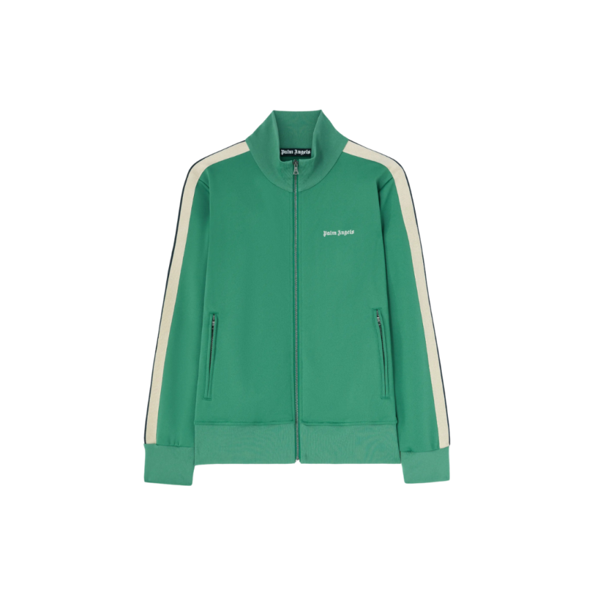 Veste de survêtement PALM ANGELS zippée col montant nylon vert logo blanc bande beige