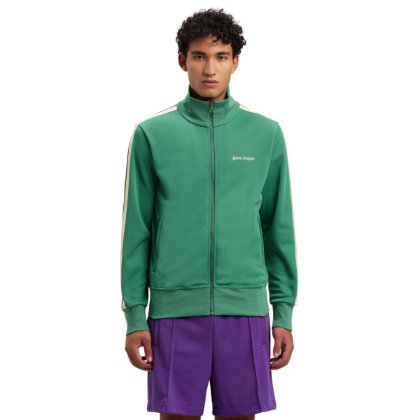 Veste de survêtement PALM ANGELS zippée col montant nylon vert logo blanc bande beige