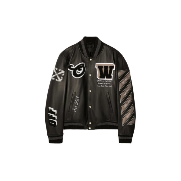 Blouson universitaire OFF WHITE Teddy cuir noir manche laine patch logo flèche