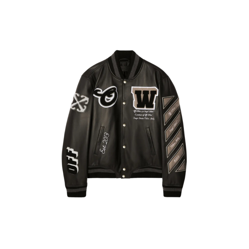 Blouson universitaire OFF WHITE Teddy cuir noir manche laine patch logo flèche
