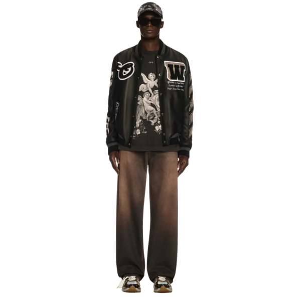 Blouson universitaire OFF WHITE Teddy cuir noir manche laine patch logo flèche