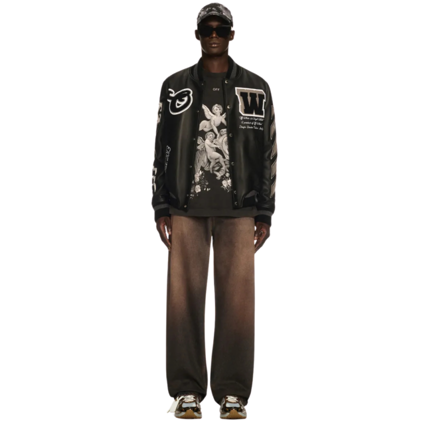 Blouson universitaire OFF WHITE Teddy cuir noir manche laine patch logo flèche