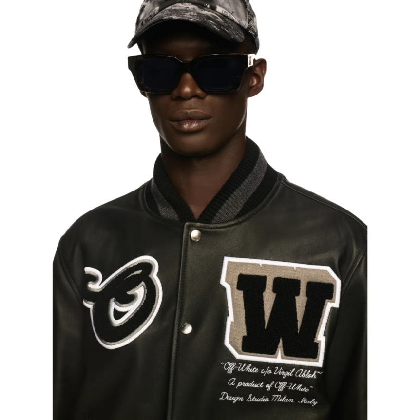 Blouson universitaire OFF WHITE Teddy cuir noir manche laine patch logo flèche