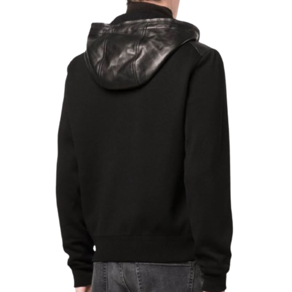 Blouson réversible à capuche bi matière cuir tricot manches noir